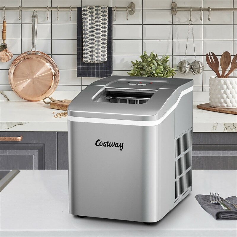 Pemberly Row Portable Ice Maker Machine Self-cleaning w/ Scoop Silver Plastic