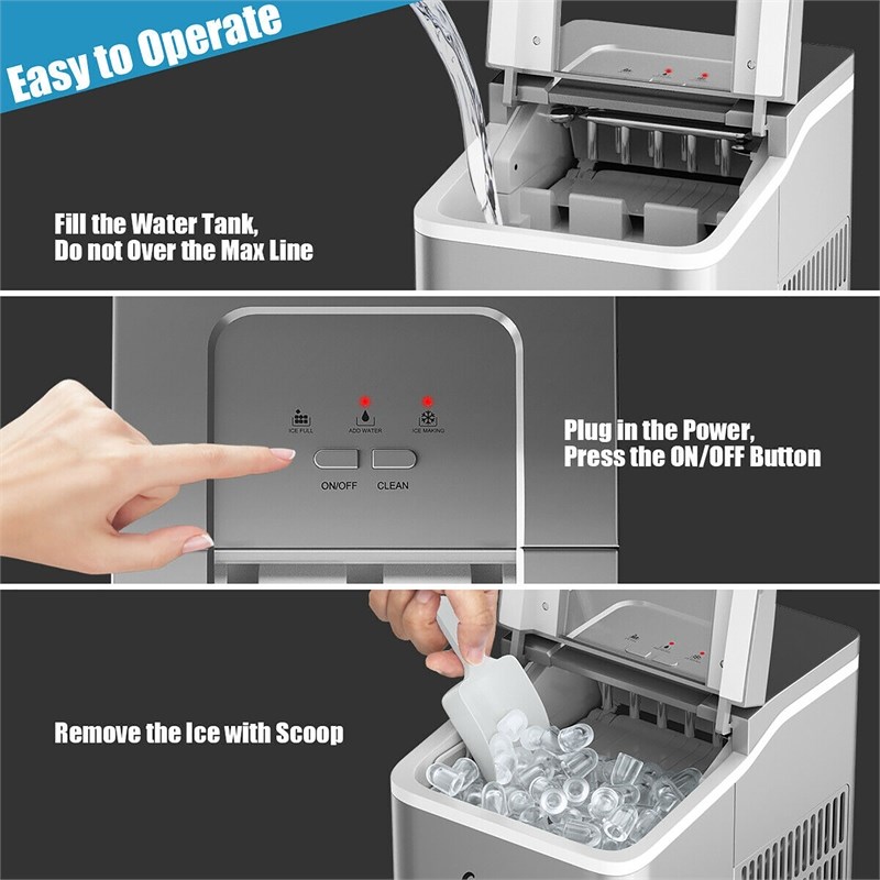 Pemberly Row Portable Ice Maker Machine Self-cleaning w/ Scoop Silver Plastic