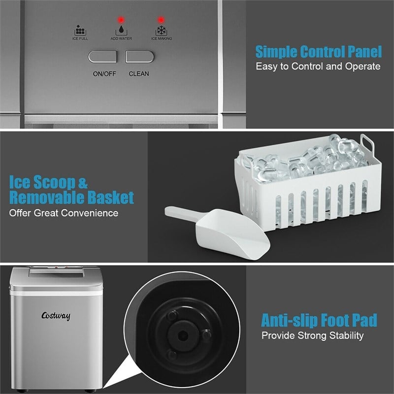 Pemberly Row Portable Ice Maker Machine Self-cleaning w/ Scoop Silver Plastic