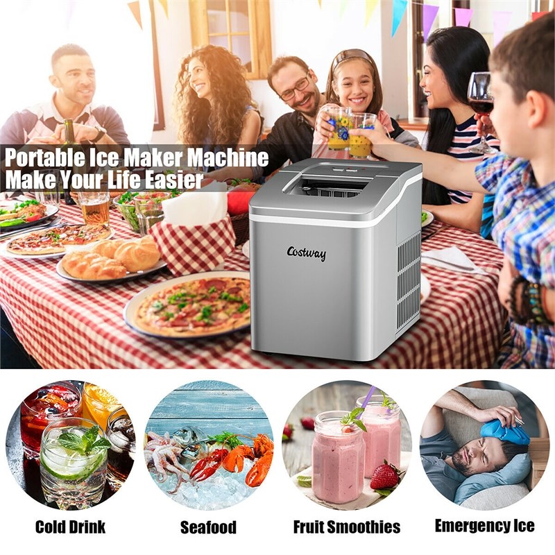 Pemberly Row Portable Ice Maker Machine Self-cleaning w/ Scoop Silver Plastic