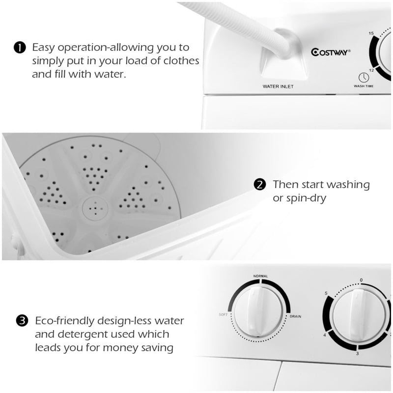 Pemberly Row Portable Twin Tub 17.6lb Washing Machine Washer Spin Dryer White