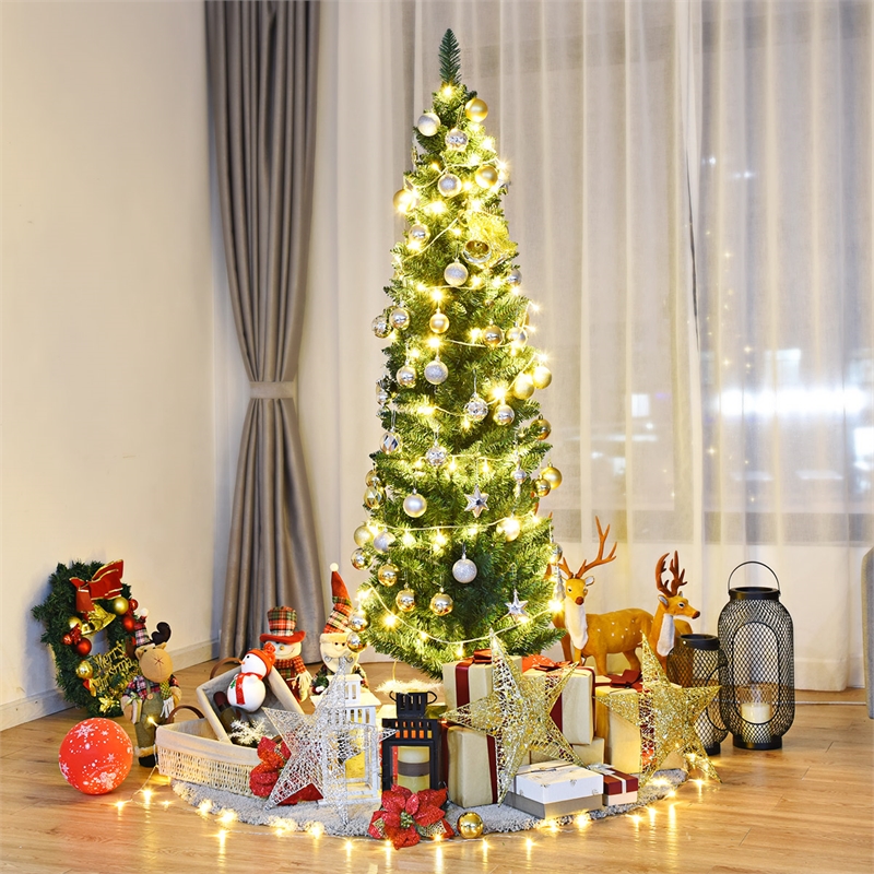 Pemberly Row 6Ft PVC Artificial Pencil Christmas Tree Slim Stand Green