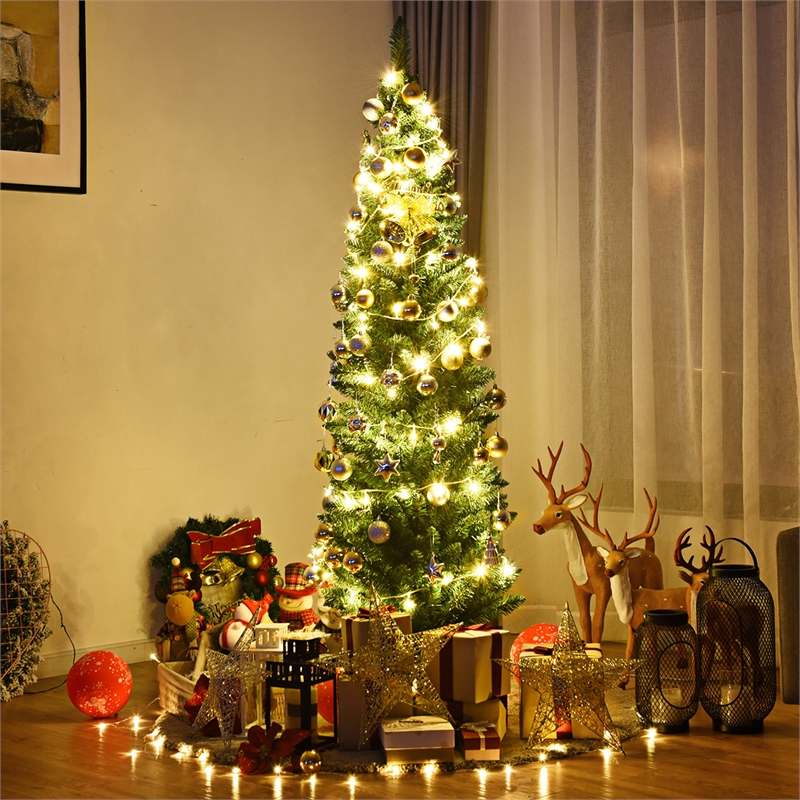 Pemberly Row 6Ft PVC Artificial Pencil Christmas Tree Slim Stand Green