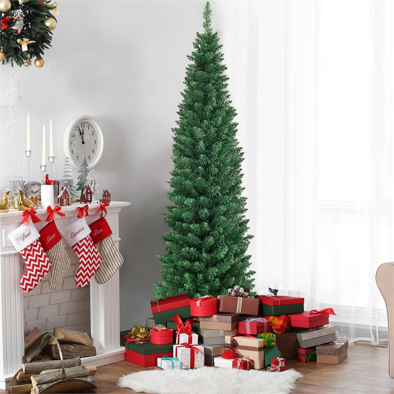 Pemberly Row 6Ft PVC Artificial Pencil Christmas Tree Slim Stand Green