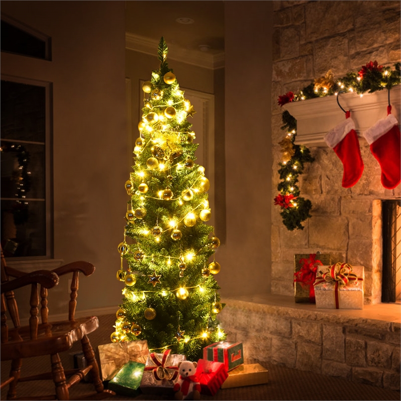 Pemberly Row 6Ft PVC Artificial Pencil Christmas Tree Slim Stand Green