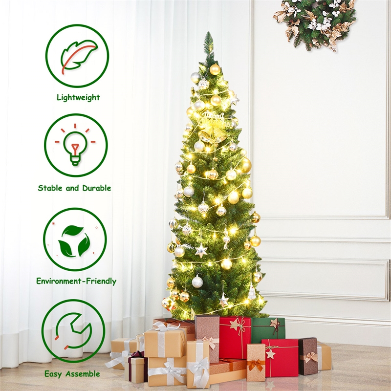 Pemberly Row 6Ft PVC Artificial Pencil Christmas Tree Slim Stand Green