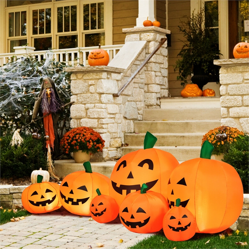 Pemberly Row 7.5' Halloween Inflatable 7 Pumpkins Patch W/LED Light in Orange