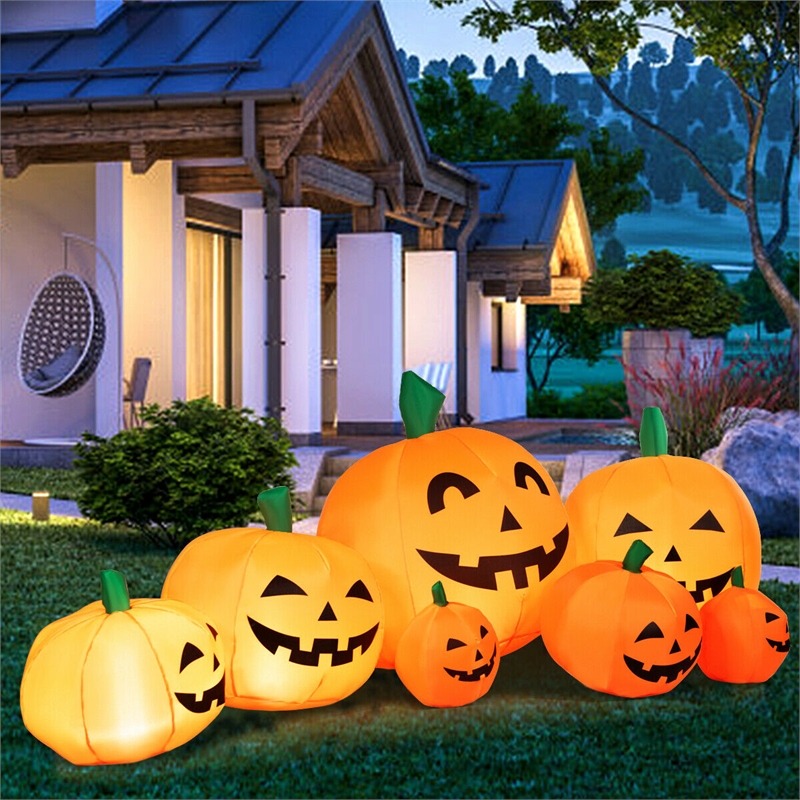 Pemberly Row 7.5' Halloween Inflatable 7 Pumpkins Patch W/LED Light in Orange