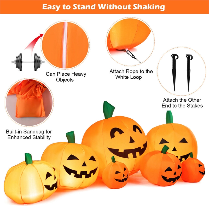 Pemberly Row 7.5' Halloween Inflatable 7 Pumpkins Patch W/LED Light in Orange