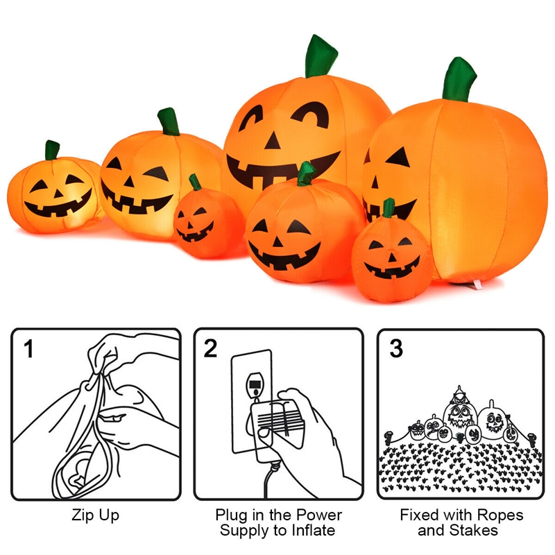 Pemberly Row 7.5' Halloween Inflatable 7 Pumpkins Patch W/LED Light in Orange