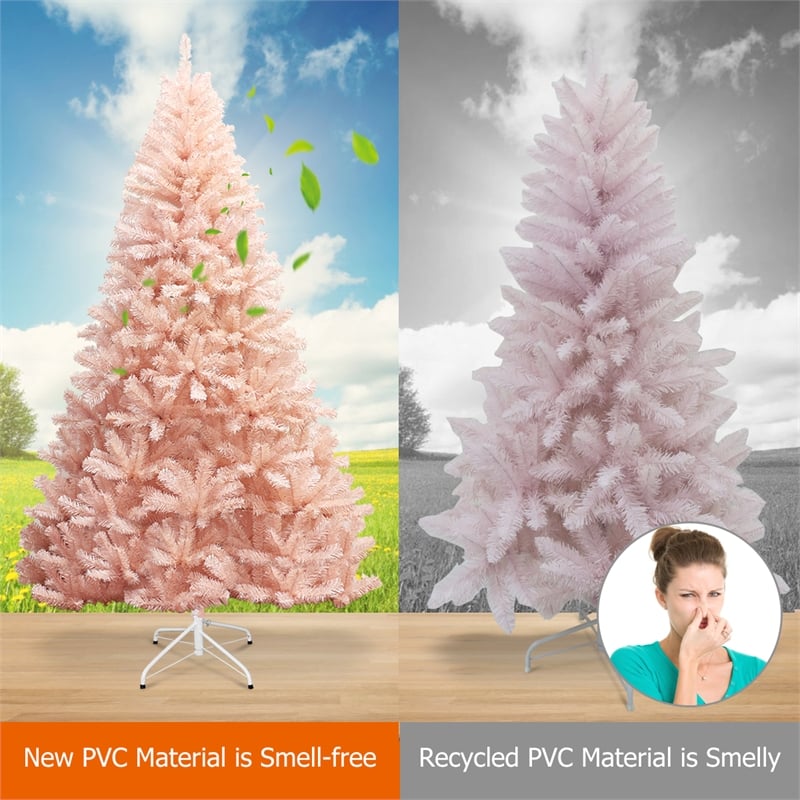 Pemberly Row 7ft Artificial Christmas Tree Hinged Full Fir Tree Metal Stand Pink