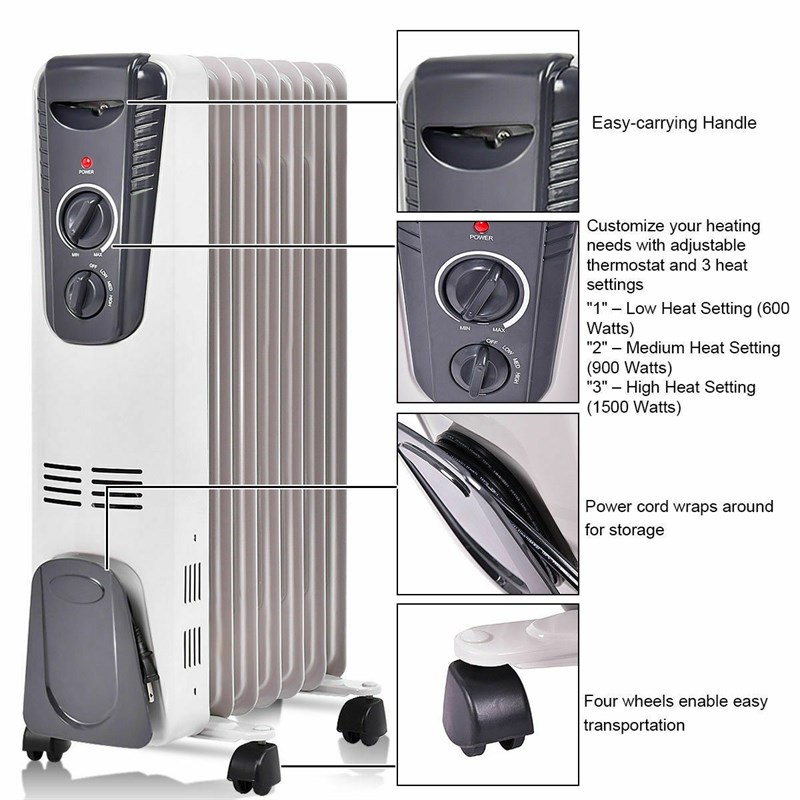 Pemberly Row 1500W Electric Oil Filled Radiator Space Heater Thermostat Room