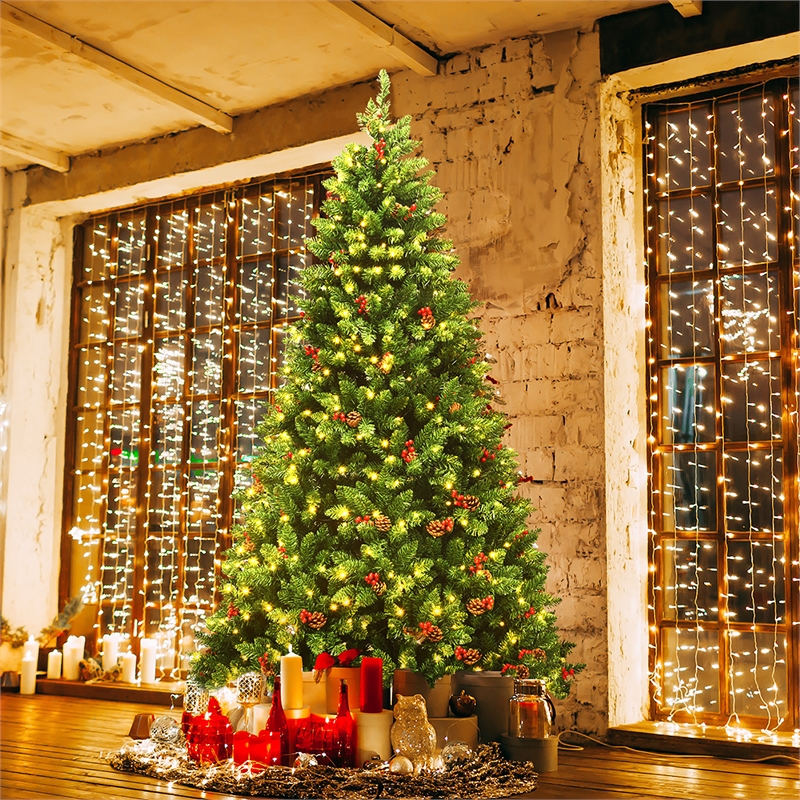 Pemberly Row Pre-lit Christmas Tree w/ Pine Cones Red Berries & 550 LED Green