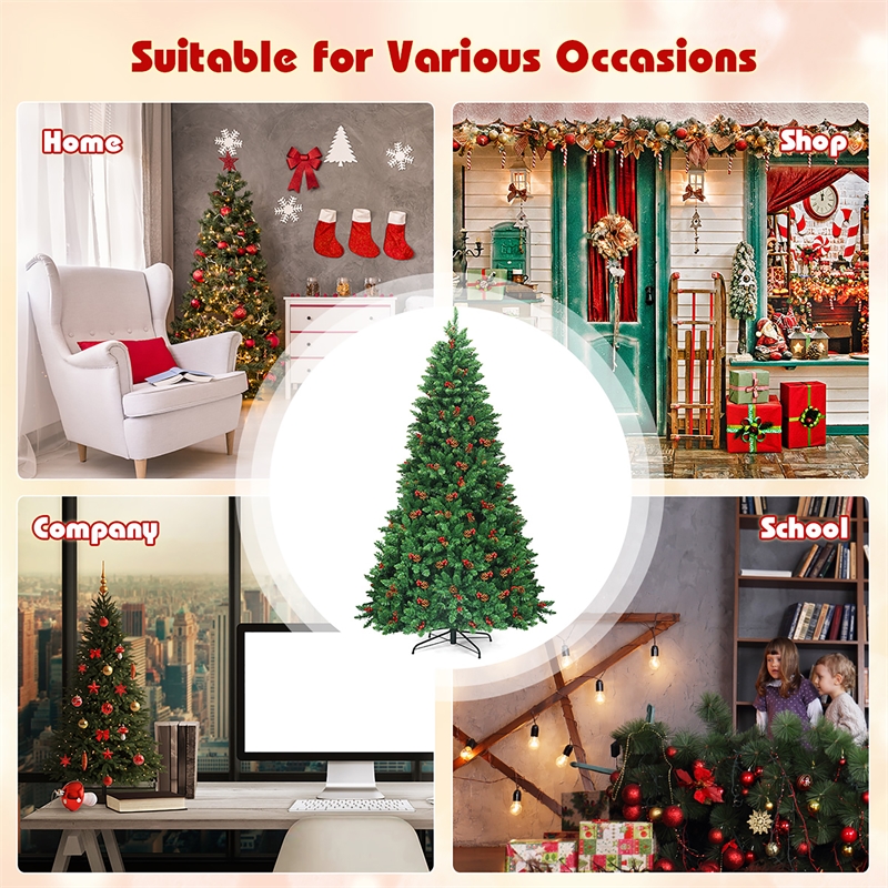 Pemberly Row Pre-lit Christmas Tree w/ Pine Cones Red Berries & 550 LED Green