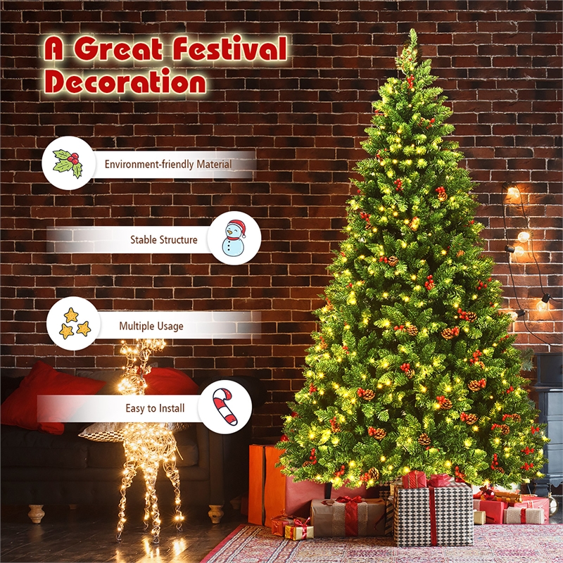Pemberly Row Pre-lit Christmas Tree w/ Pine Cones Red Berries & 550 LED Green