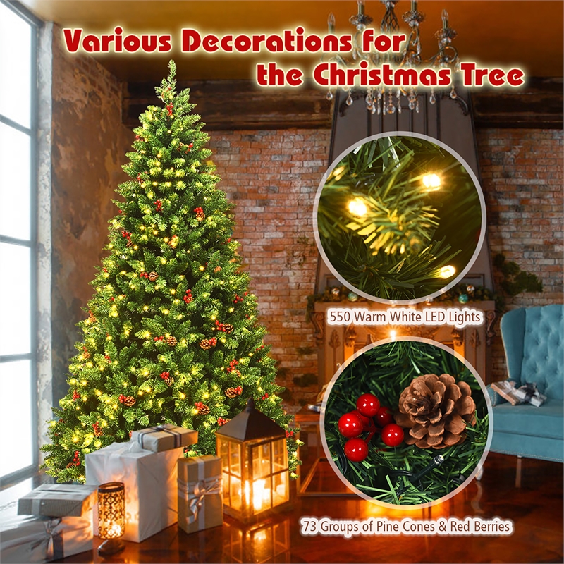 Pemberly Row Pre-lit Christmas Tree w/ Pine Cones Red Berries & 550 LED Green