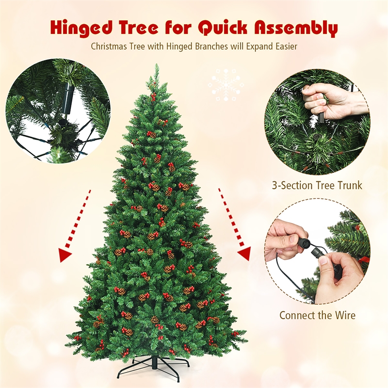 Pemberly Row Pre-lit Christmas Tree w/ Pine Cones Red Berries & 550 LED Green