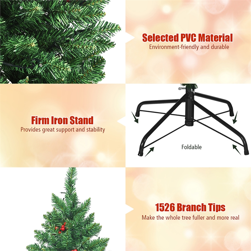 Pemberly Row Pre-lit Christmas Tree w/ Pine Cones Red Berries & 550 LED Green