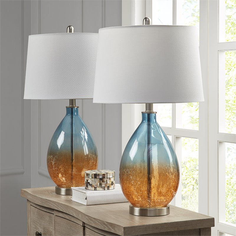 Pemberly Row Contemporary Glass and Fabric Table Lamps in Blue (Set of 2)