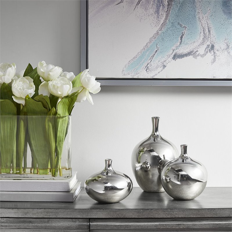 Pemberly Row 3-Piece Transitional Ceramic Vase Set in Silver