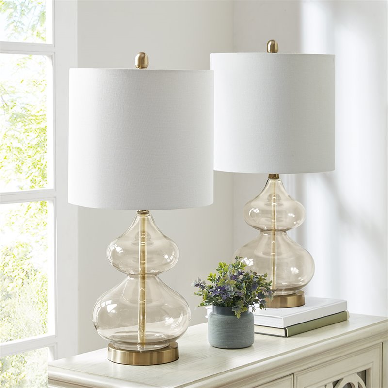 Pemberly Row Contemporary Glass and Fabric Table Lamps in Gold (Set of 2)