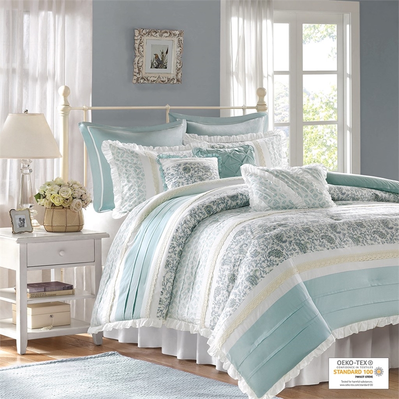 Pemberly Row 9-Piece Cotton Printed Comforter Set w/ Pintuck in Blue