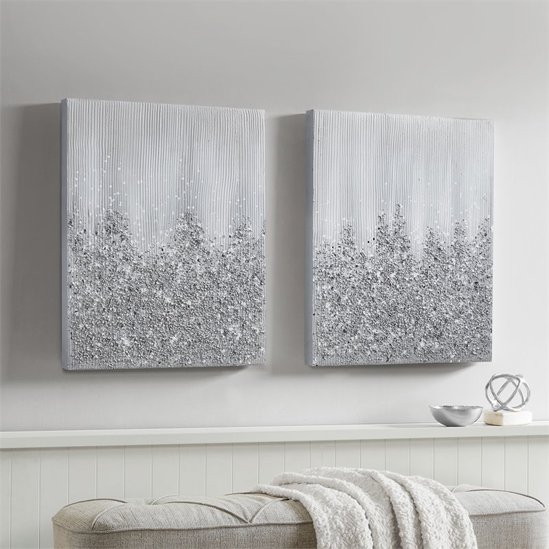 Pemberly Row Wood Glimmer Hand Embellished Canvas Set in Silver (Set of 2)