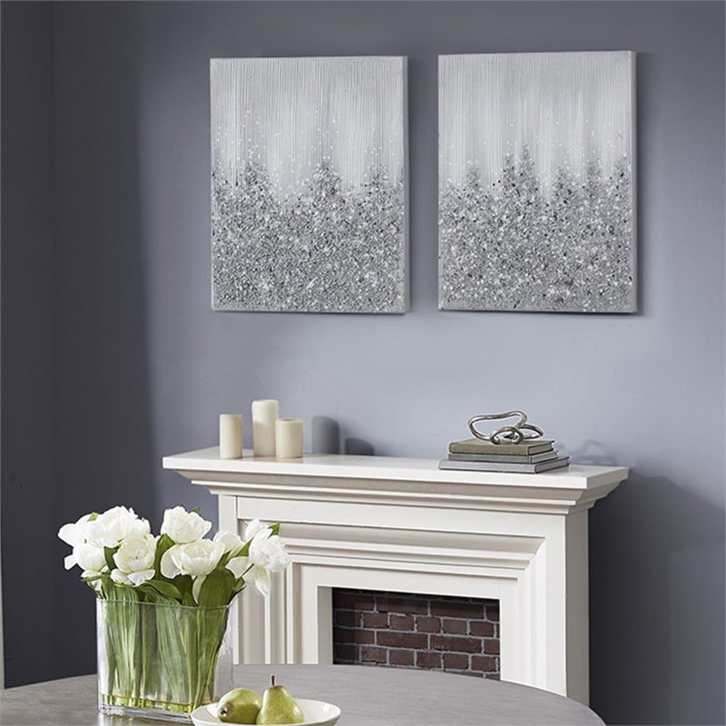 Pemberly Row Wood Glimmer Hand Embellished Canvas Set in Silver (Set of 2)