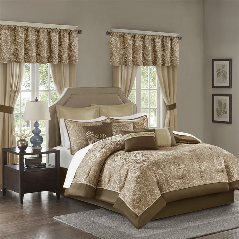 Pemberly Row Contemporary 24-Piece Polyester Comforter Set in Brown