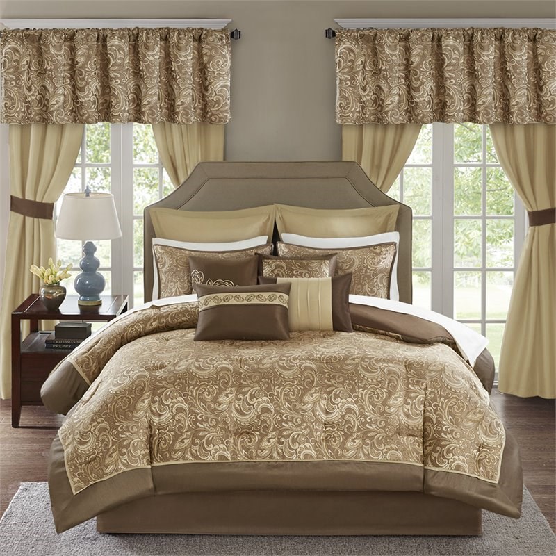 Pemberly Row Contemporary 24-Piece Polyester Comforter Set in Brown