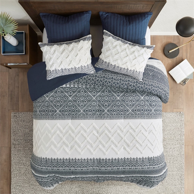 Pemberly Row 3-Piece Cotton Printed Comforter Set with Chenille in Navy