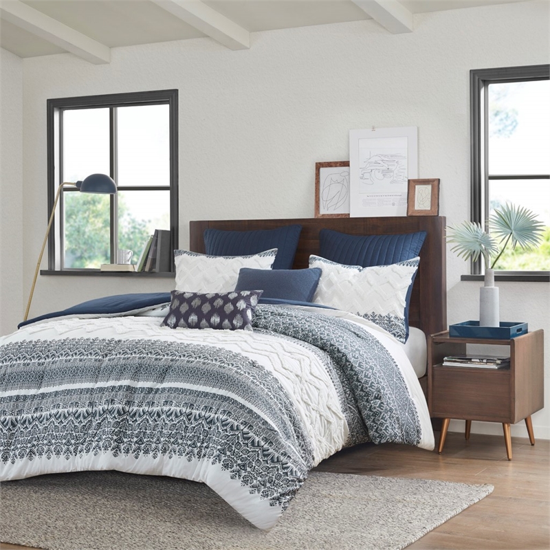 Pemberly Row 3-Piece Cotton Printed Comforter Set with Chenille in Navy