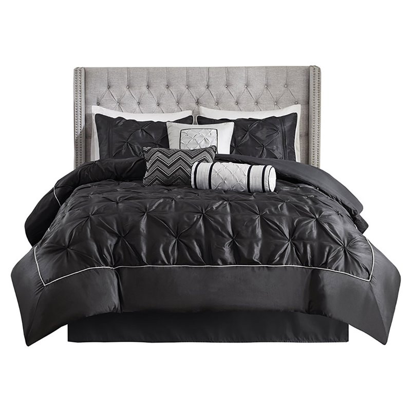 Pemberly Row 7-piece Farmhouse Polyester Polyoni Comforter Set in Black