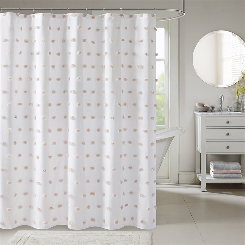 Pemberly Row Polyester Clip Shower Curtain in Blush Pink/White