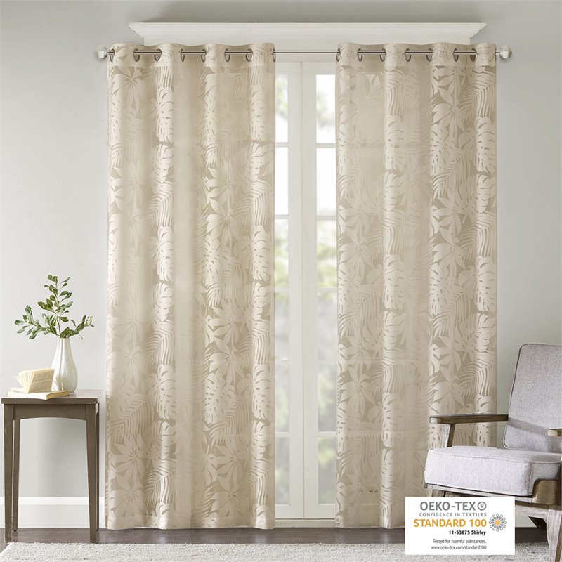 Pemberly Row Polyester Fabric Palm Leaf Burnout Window Sheer in Natural