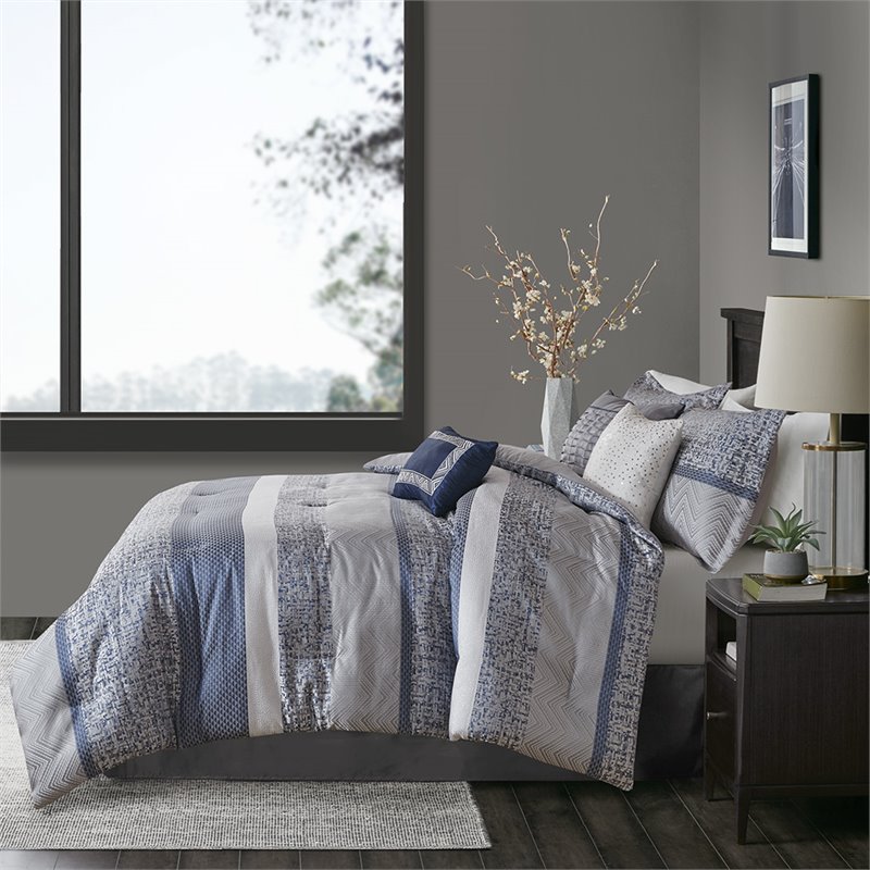 Pemberly Row 7-Piece Polyester Jacquard Comforter Set in Navy