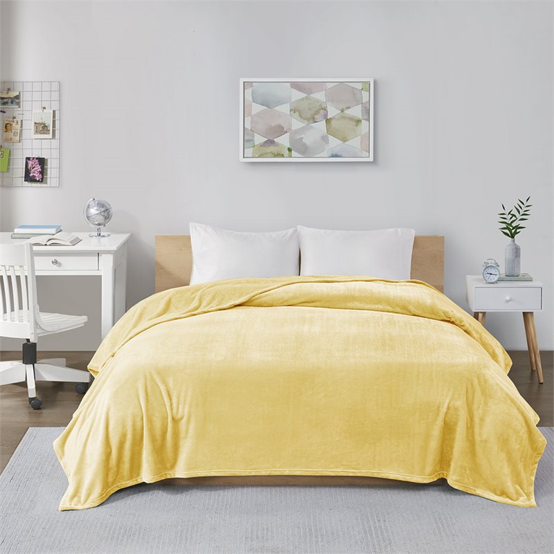 Pemberly Row Polyester Solid Microlight Plush Oversized Blanket in Yellow