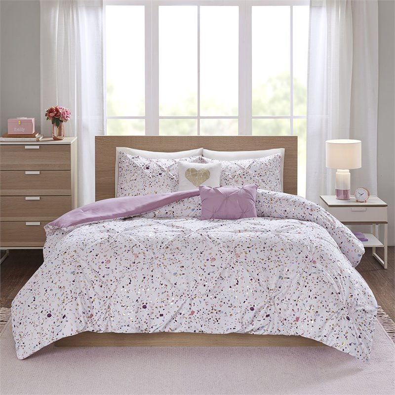 Pemberly Row Polyester Printed and Pintucked Comforter Set in Plum