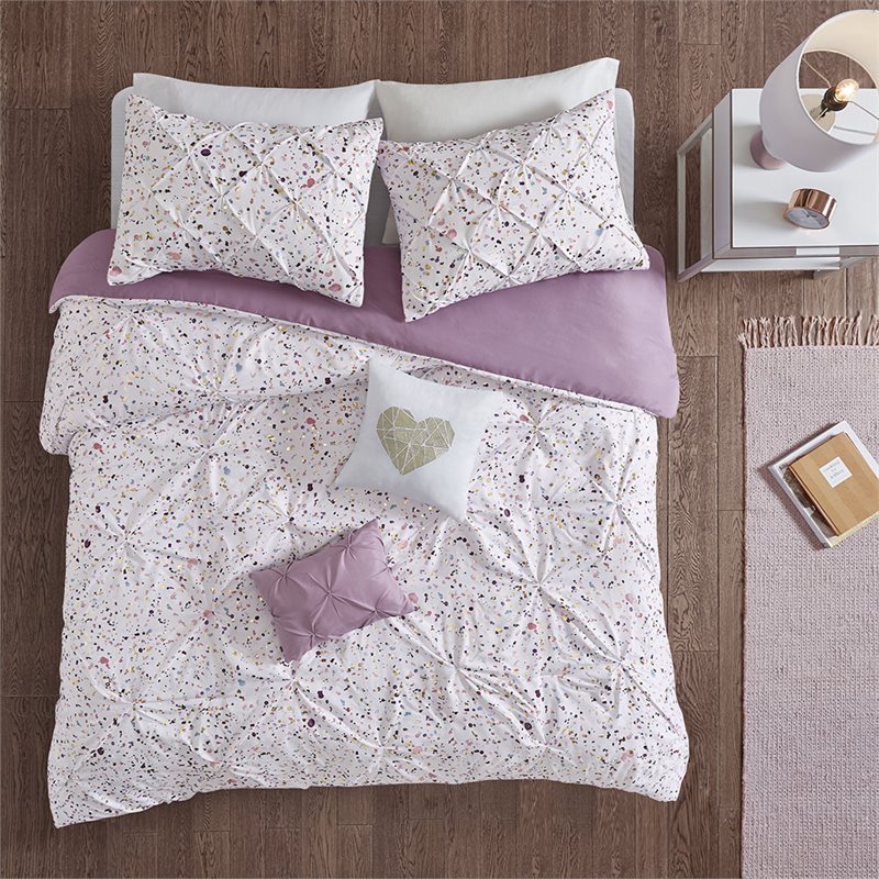 Pemberly Row Polyester Printed and Pintucked Comforter Set in Plum
