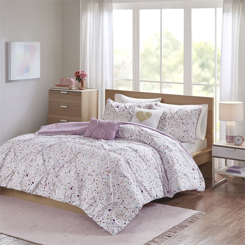 Pemberly Row Polyester Printed and Pintucked Comforter Set in Plum