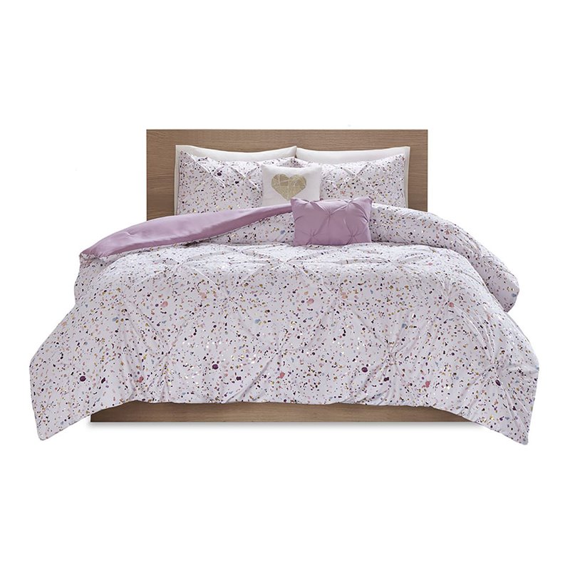 Pemberly Row Polyester Printed and Pintucked Comforter Set in Plum
