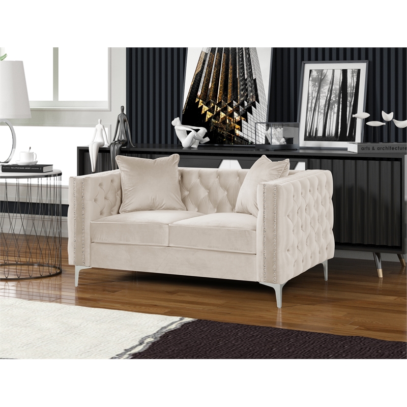 Pemberly Row Chesterfield Button Tufted Velvet Fabric Modern Loveseat-Beige
