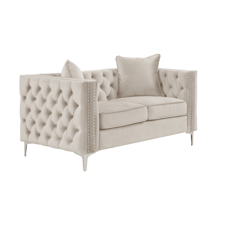 Pemberly Row Chesterfield Button Tufted Velvet Fabric Modern Loveseat-Beige
