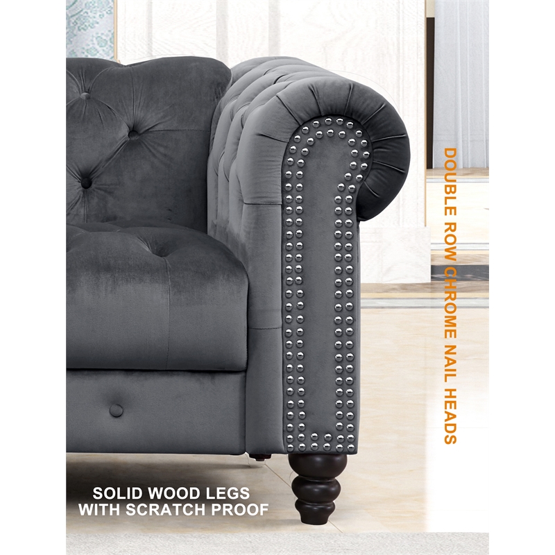Pemberly Row 3 Piece Button Tufted Velvet Fabric Modern Sofa Set -Gray