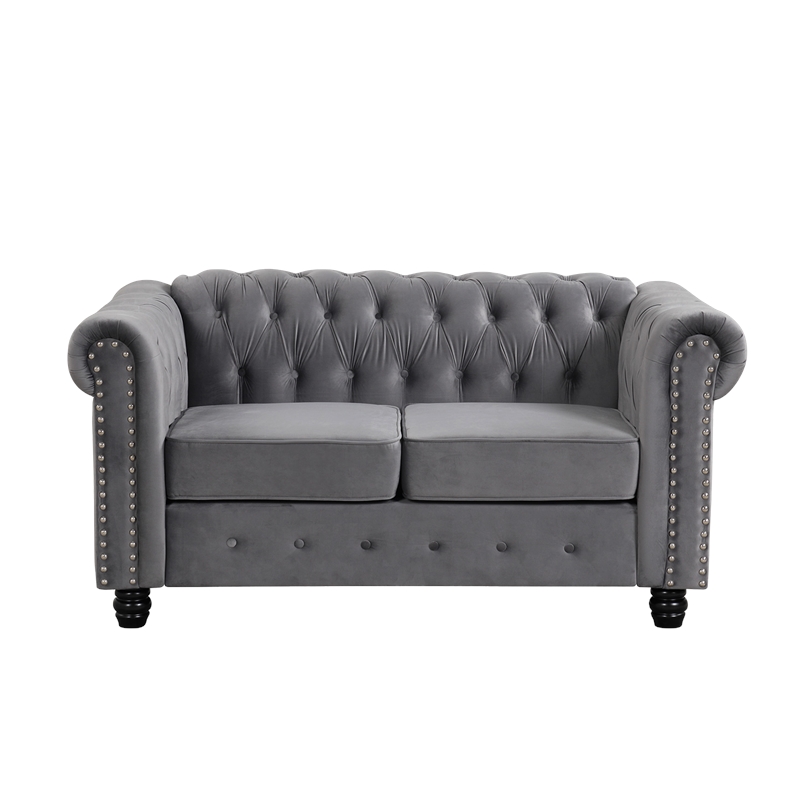 Pemberly Row Velvet Fabric Chesterfield Loveseat with Sheltering Arms in Gray