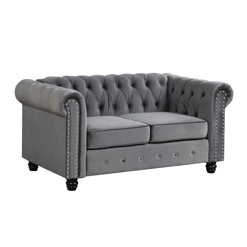 Pemberly Row Velvet Fabric Chesterfield Loveseat with Sheltering Arms in Gray