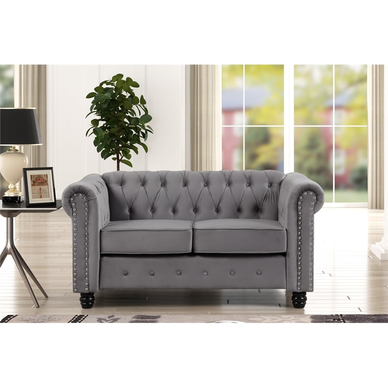 Pemberly Row Velvet Fabric Chesterfield Loveseat with Sheltering Arms in Gray