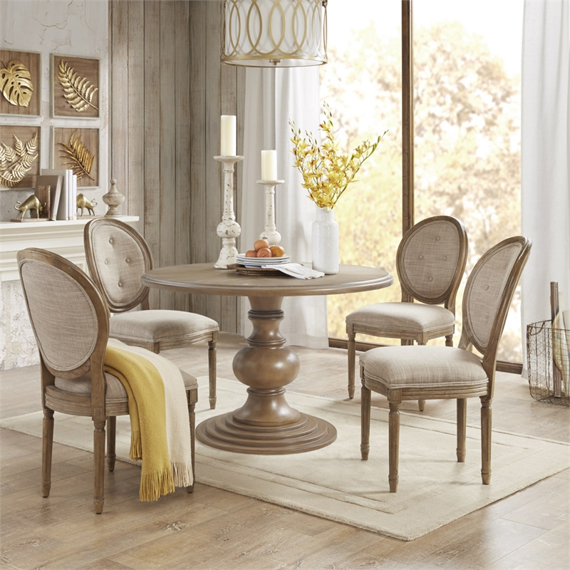 Pemberly Row Round Farmhouse Wood Pedestal Dining Table in Walnut