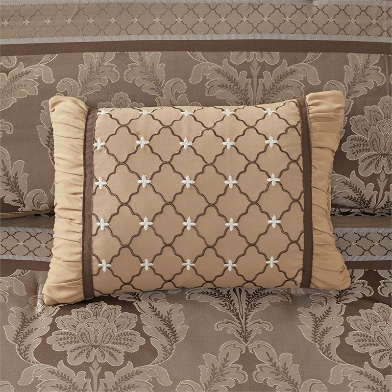 Pemberly Row Contemporary 7 Piece Jacquard Comforter Set in Brown/Gold