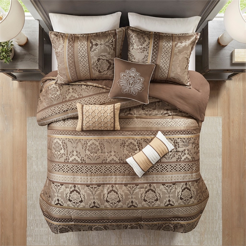 Pemberly Row Contemporary 7 Piece Jacquard Comforter Set in Brown/Gold